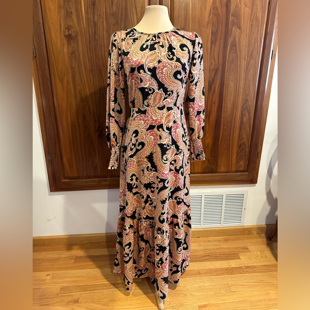 Satin Paisley Midi Dress Boho Flowy Tiered Size S Who What Wear